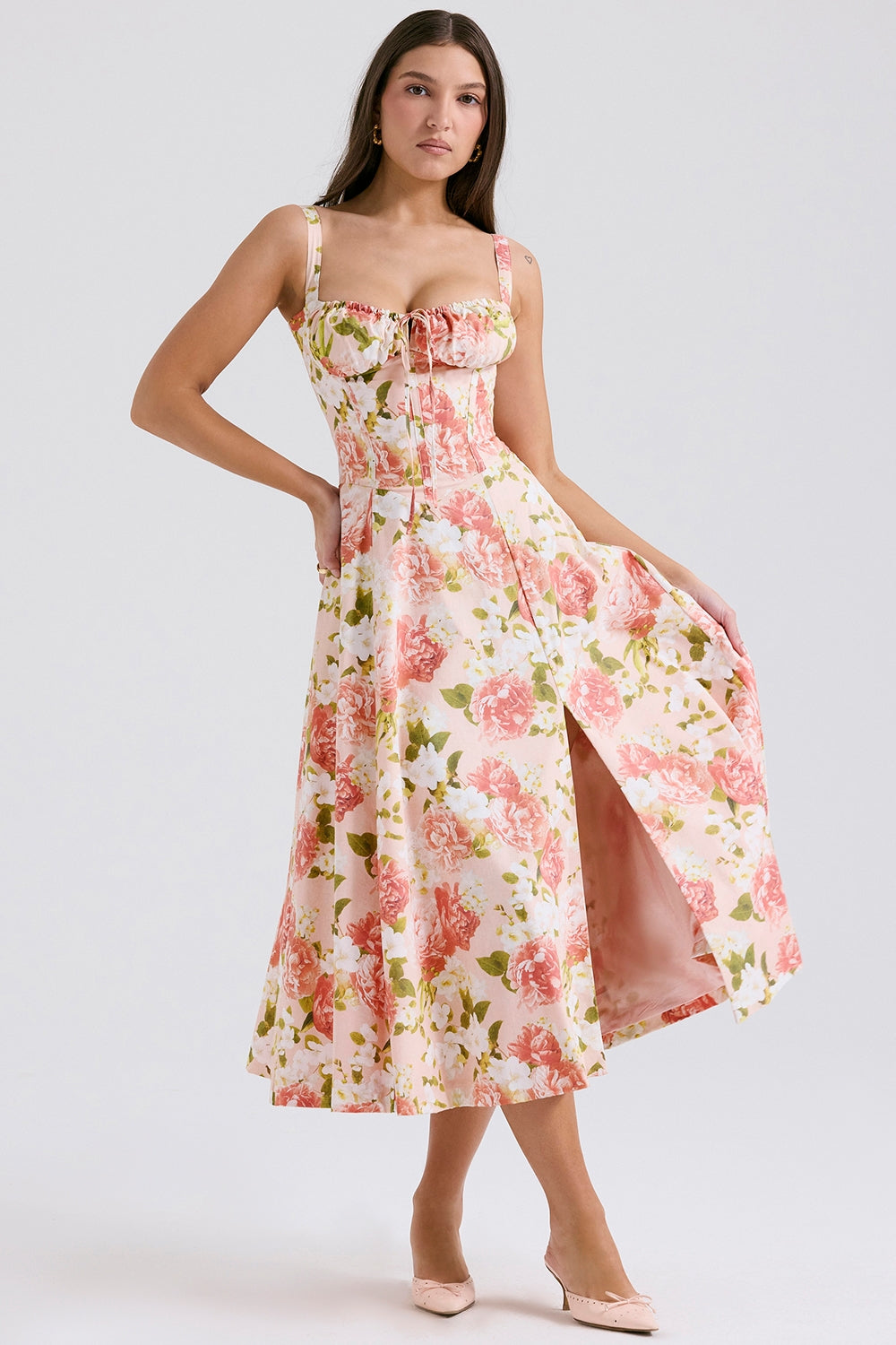 Carmen | Pink Peony Lace Up Back Floral Side Split Midi Dress