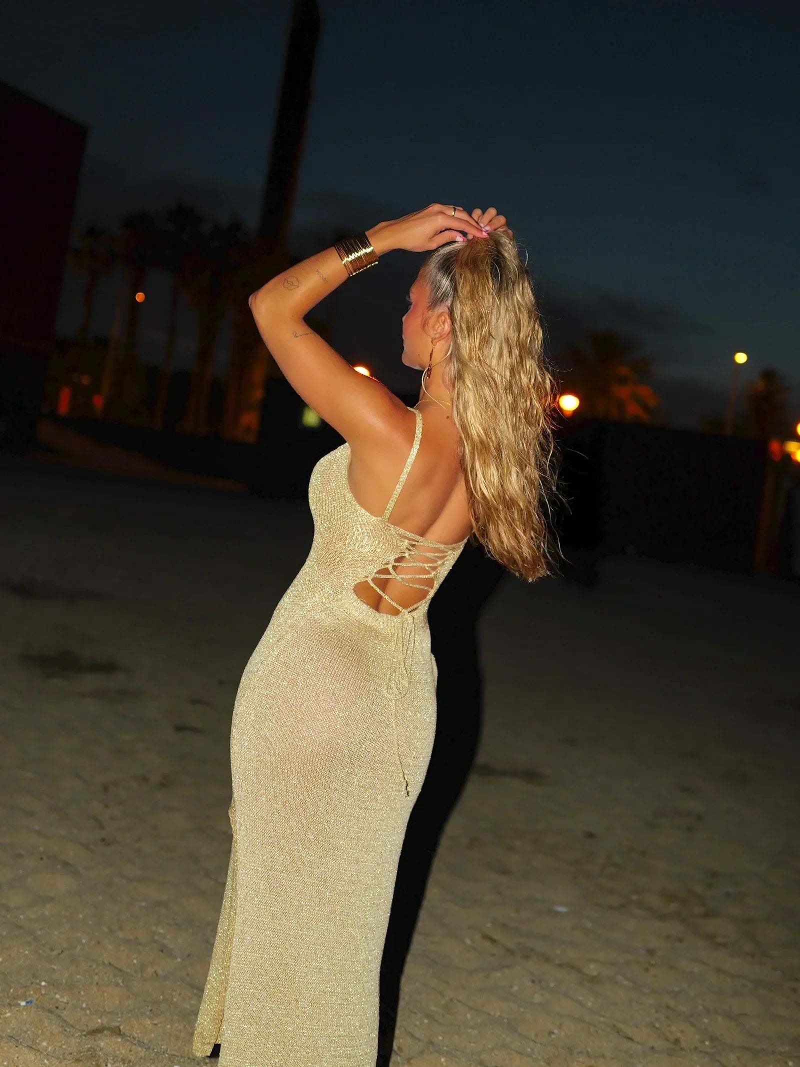 Isolde | Lace-Up Back Metallic Knit Maxi Dress with Thigh-High Slit