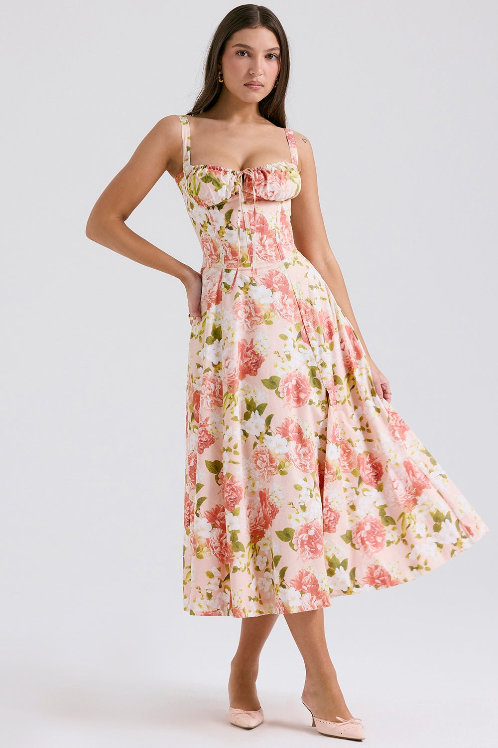Carmen | Pink Peony Lace Up Back Floral Side Split Midi Dress