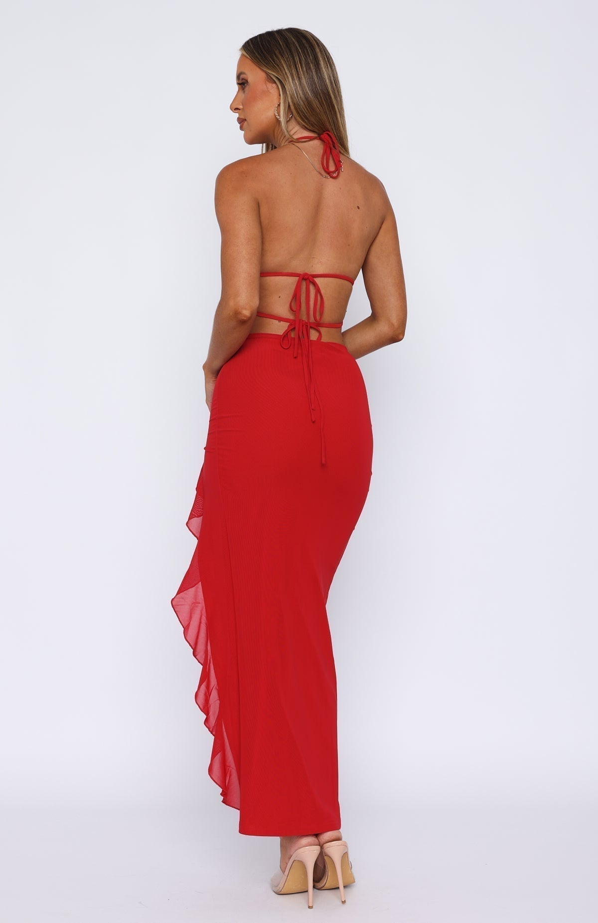 Heat | Plunge Neckline Ruffled Thigh-High Slit Maxi Dress