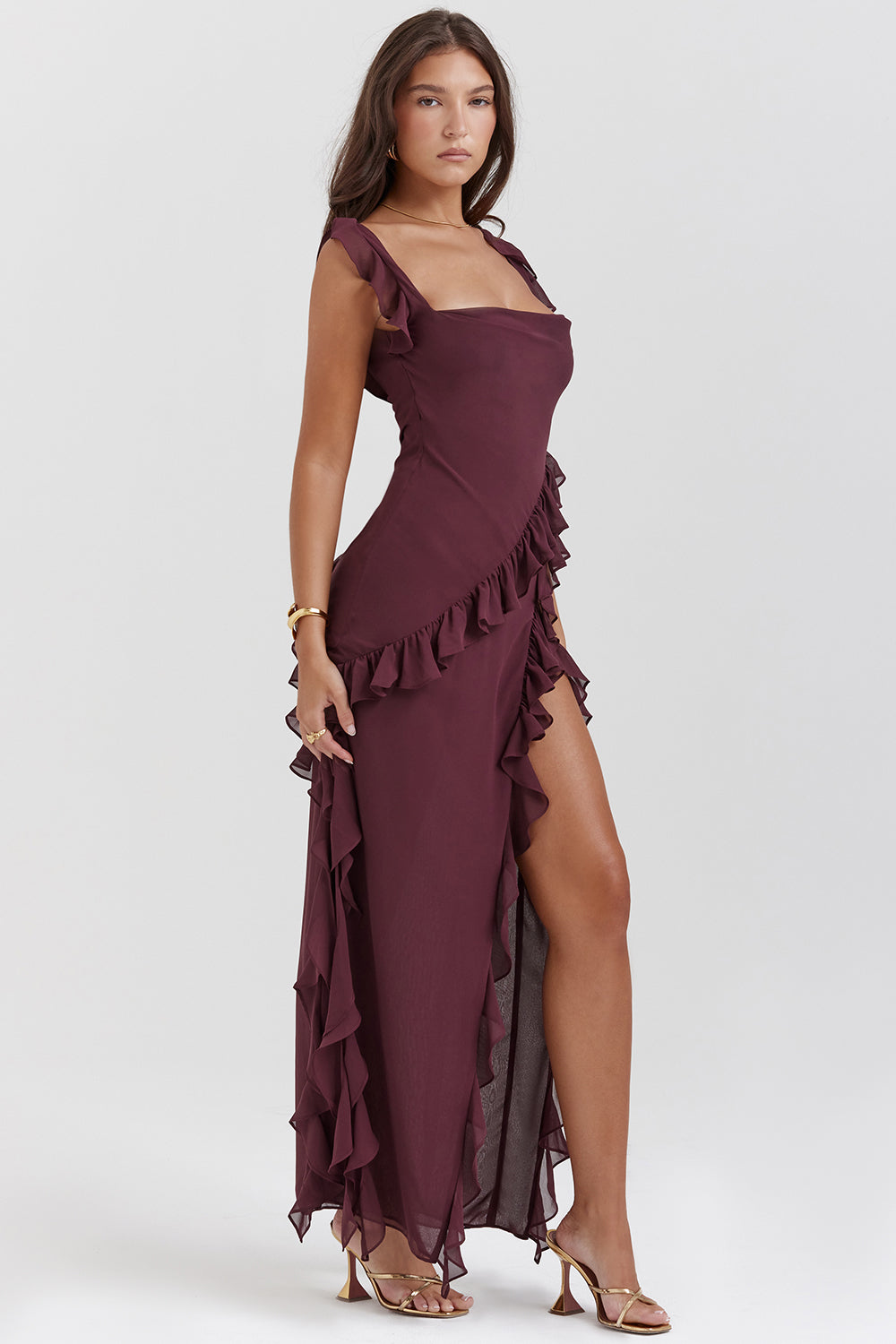 Soho | Square Neck Thigh-High Slit Ruffle Side Maxi Dress