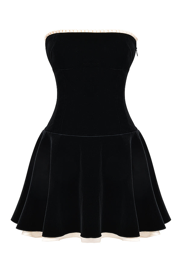 Marilla | Plush Black Velvet Strapless Mini Dress