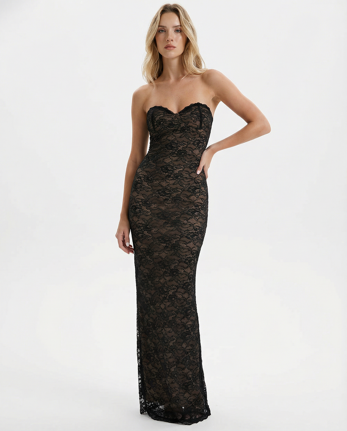 Catrine | Sheer Floral Lace Corset Maxi Dress with Detachable Sleeves