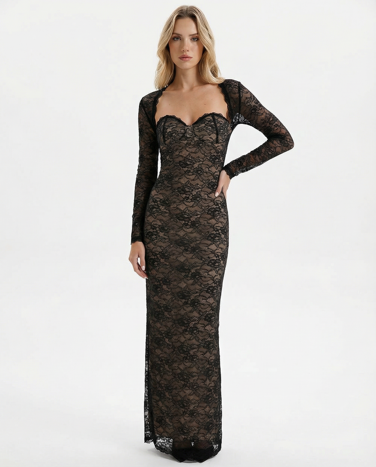 Catrine | Sheer Floral Lace Corset Maxi Dress with Detachable Sleeves