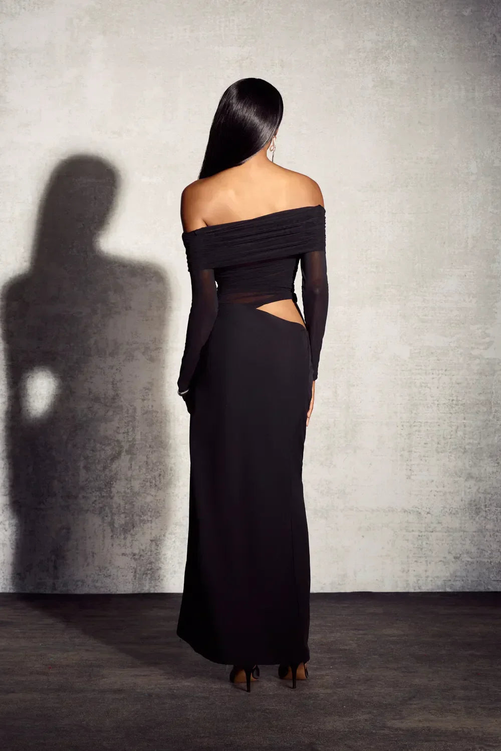 Alice | Sheer Mesh Bodice Off-Shoulder Cowl Maxi Dress