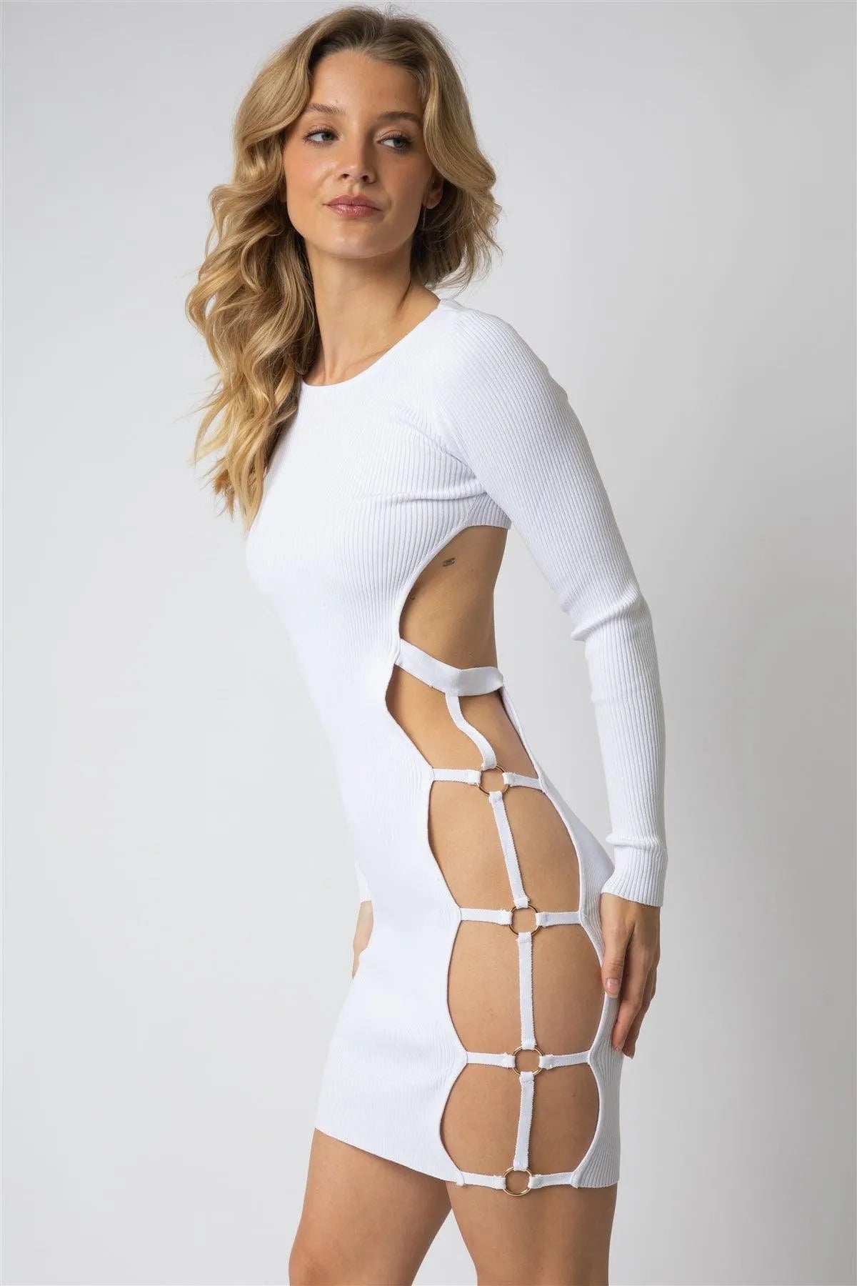 Randy | White Knit Ribbed Cut-Out Open Back Mini Dress