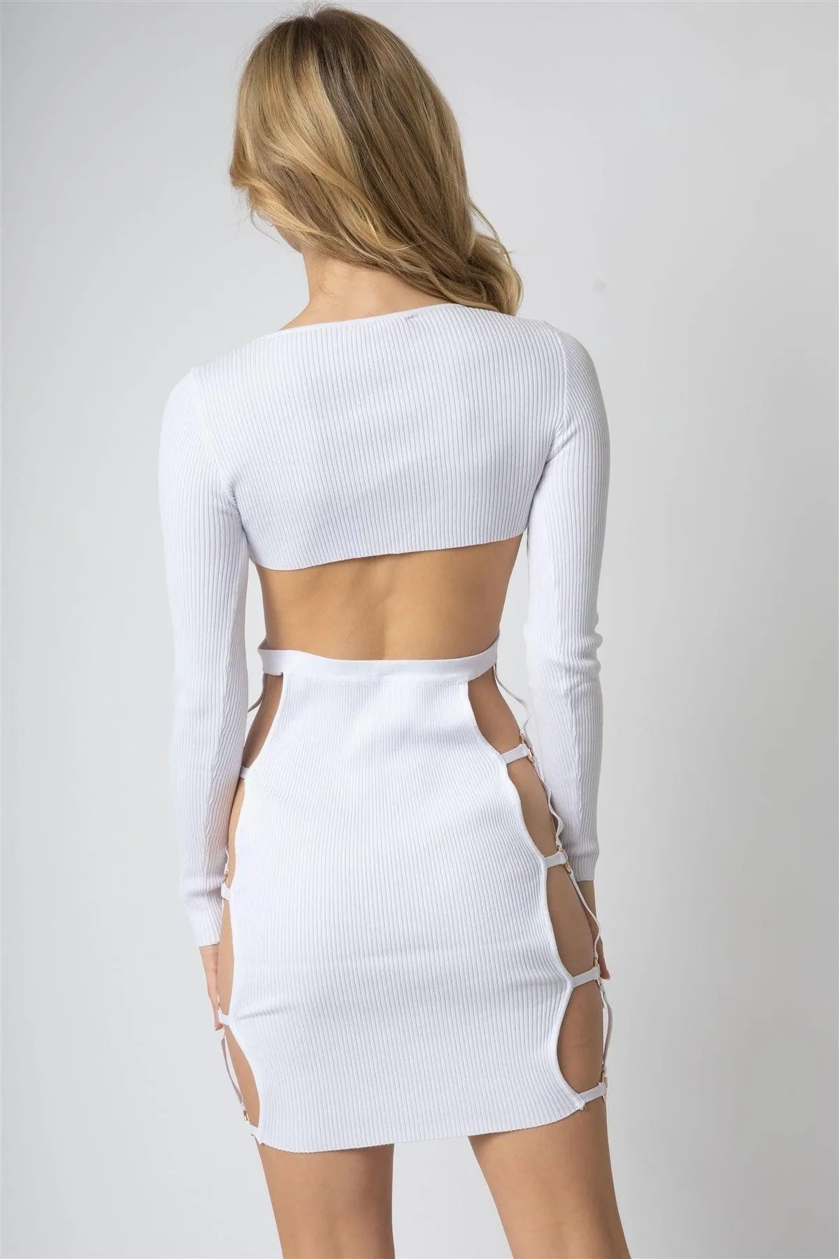 Randy | White Knit Ribbed Cut-Out Open Back Mini Dress