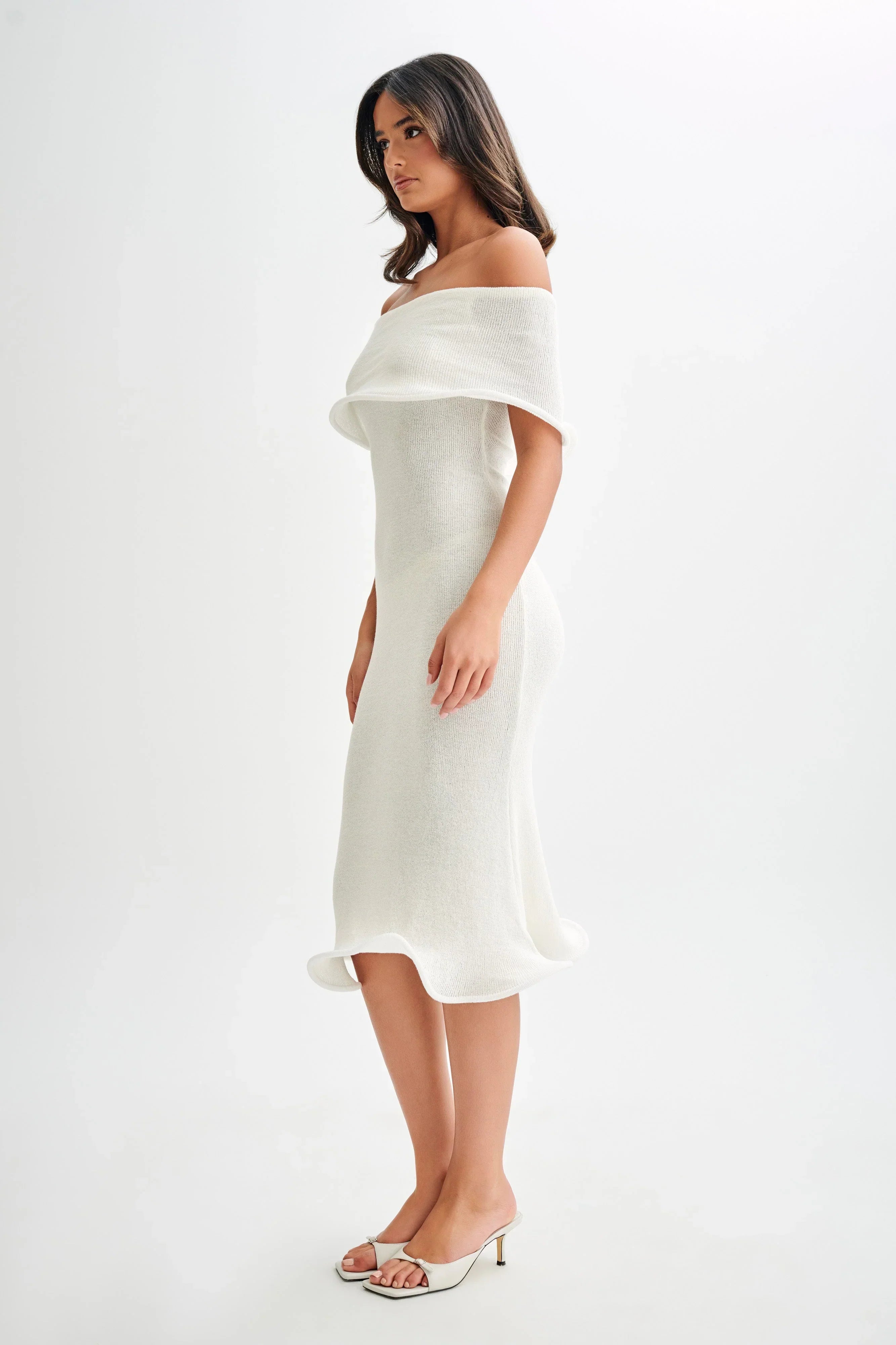 Melania | Textured Knit Ruffle Trim Off-The-Shoulder Midi Dress