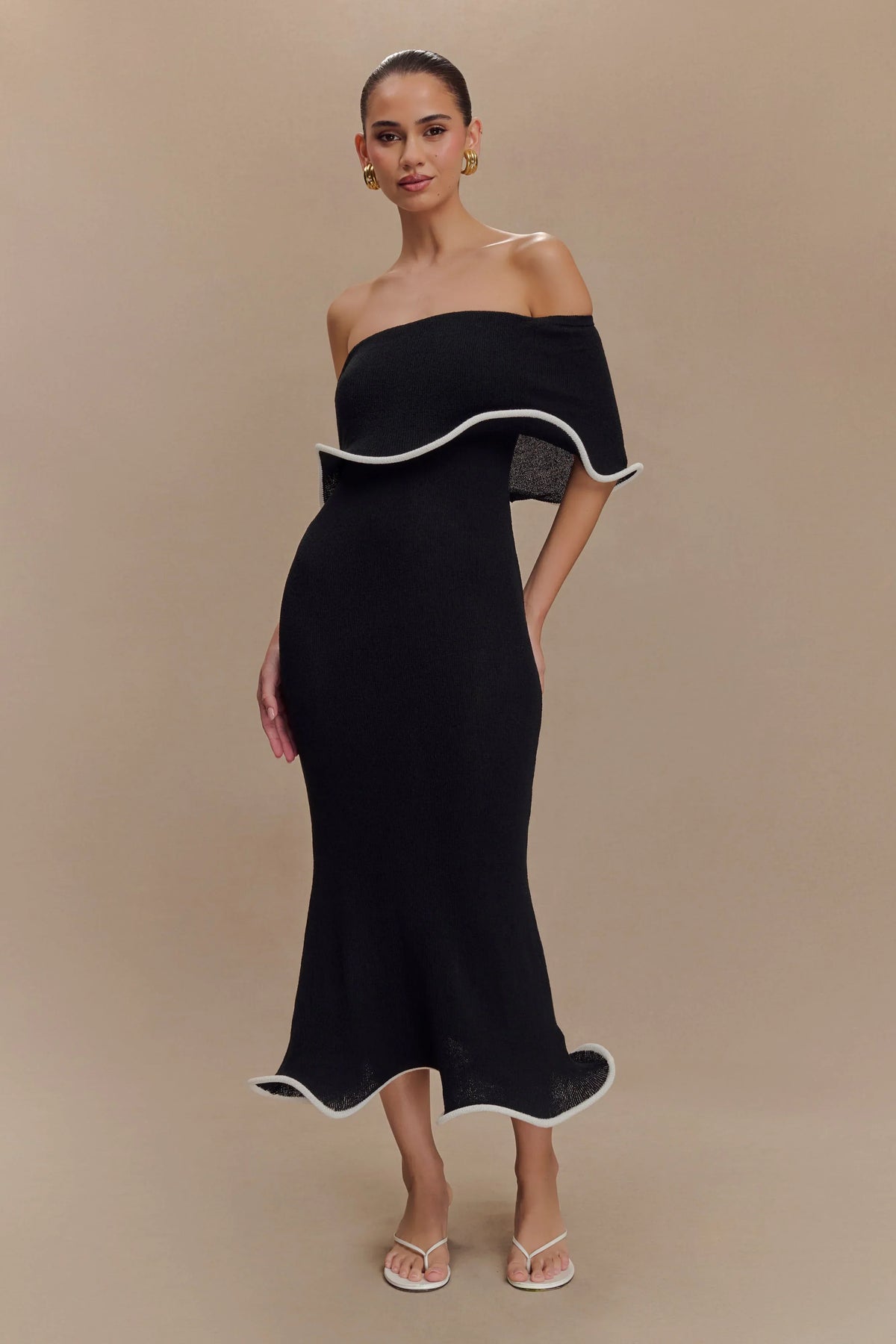 Melania | Textured Knit Ruffle Trim Off-The-Shoulder Midi Dress