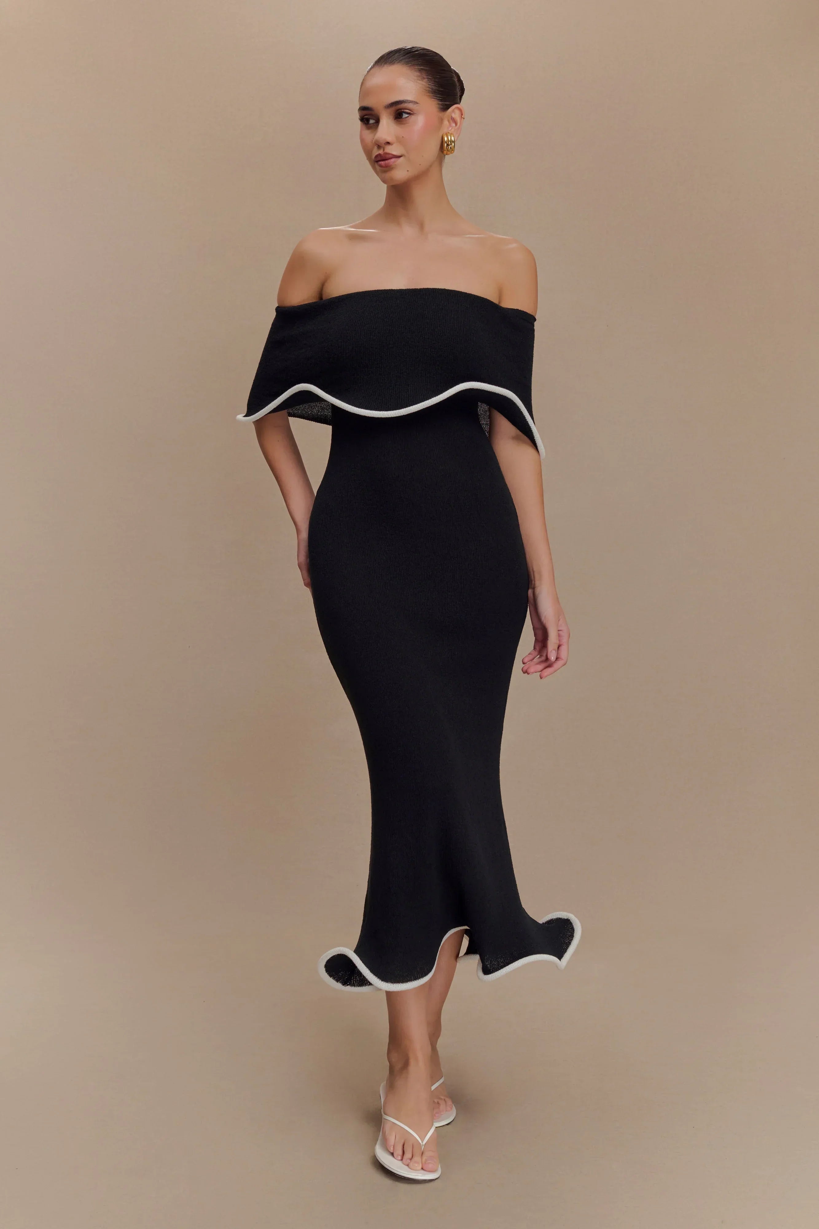 Melania | Textured Knit Ruffle Trim Off-The-Shoulder Midi Dress