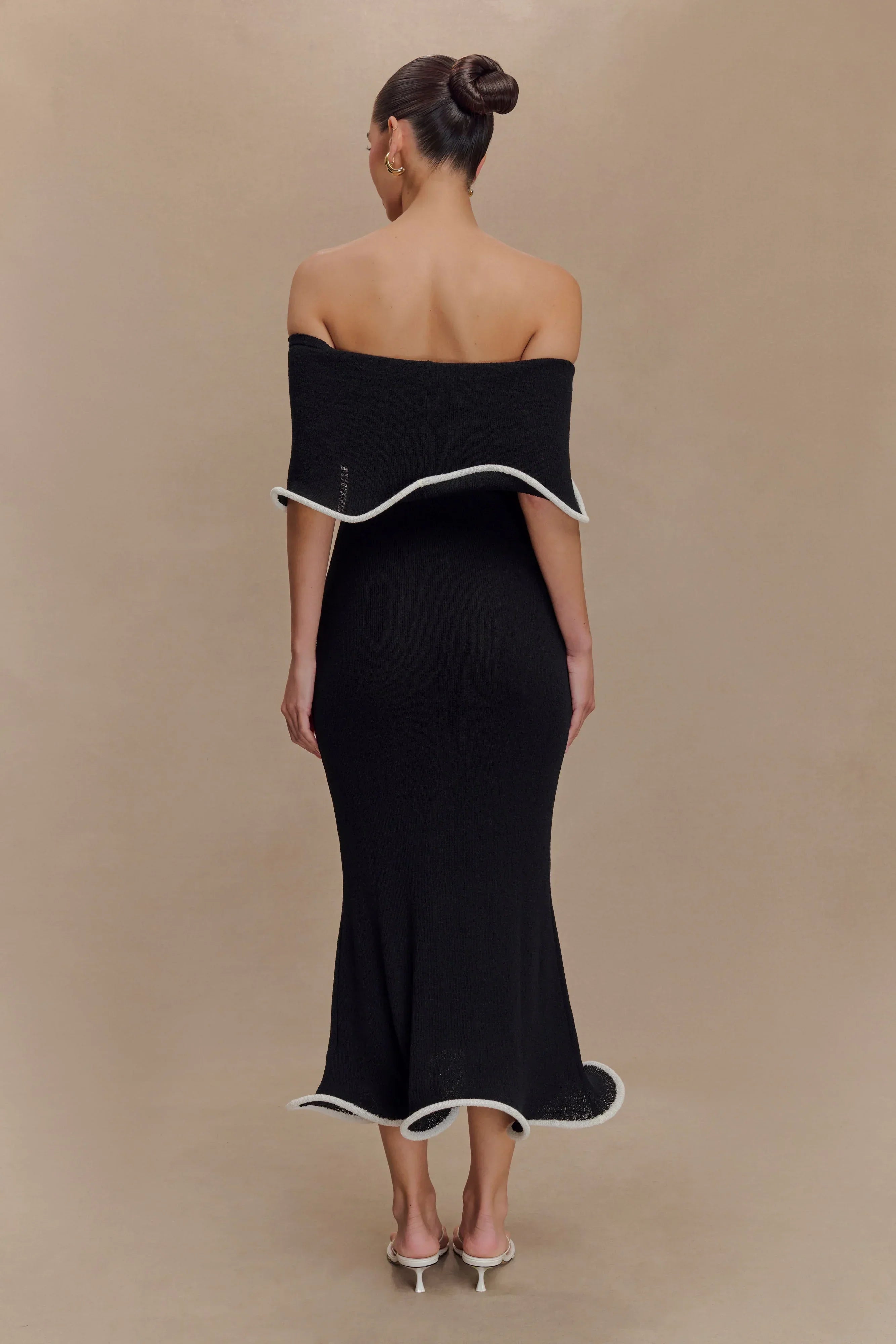 Melania | Textured Knit Ruffle Trim Off-The-Shoulder Midi Dress