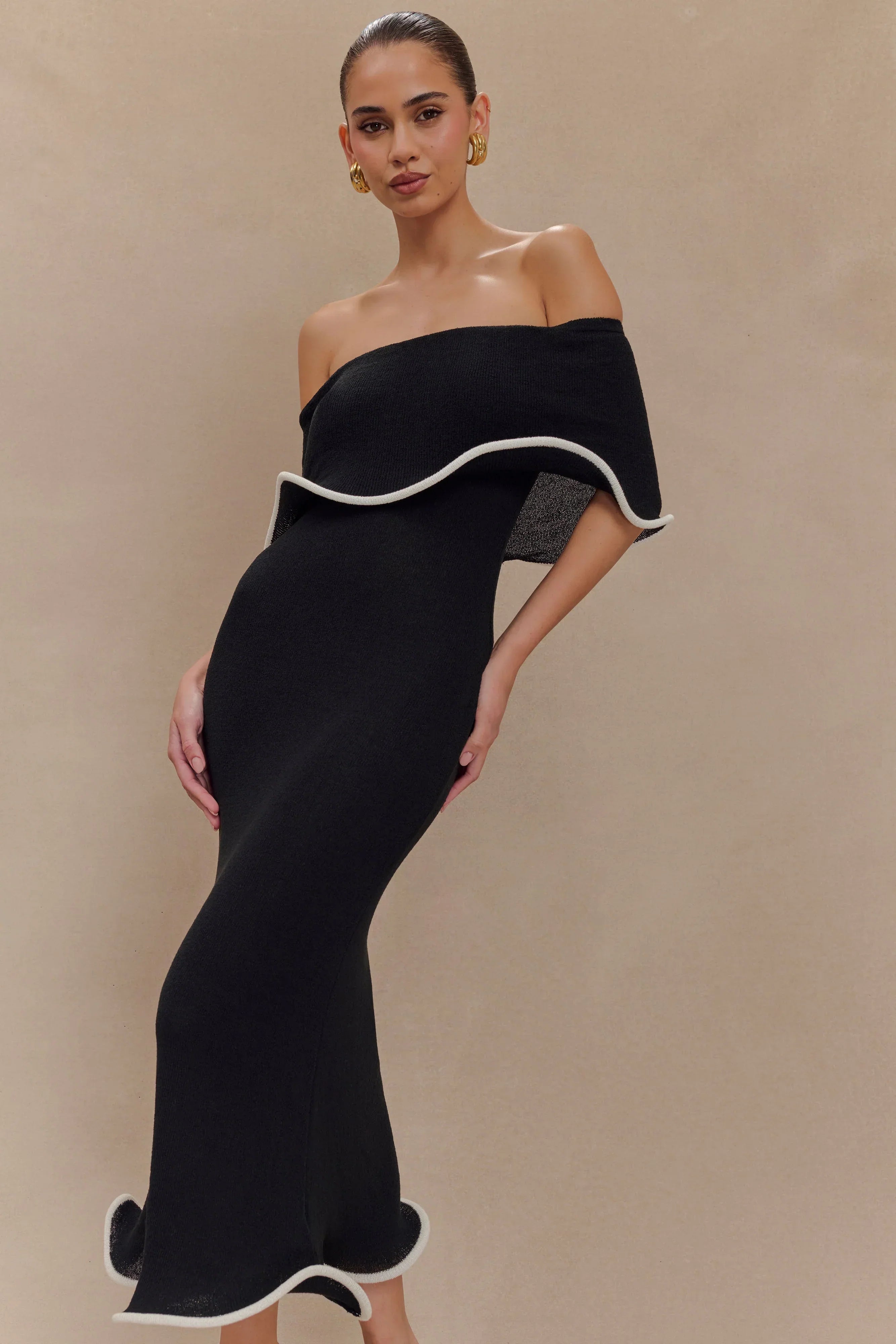 Melania | Textured Knit Ruffle Trim Off-The-Shoulder Midi Dress