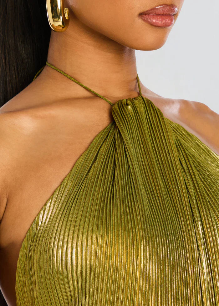 Talia | Luminous Metallic Halter Maxi Dress