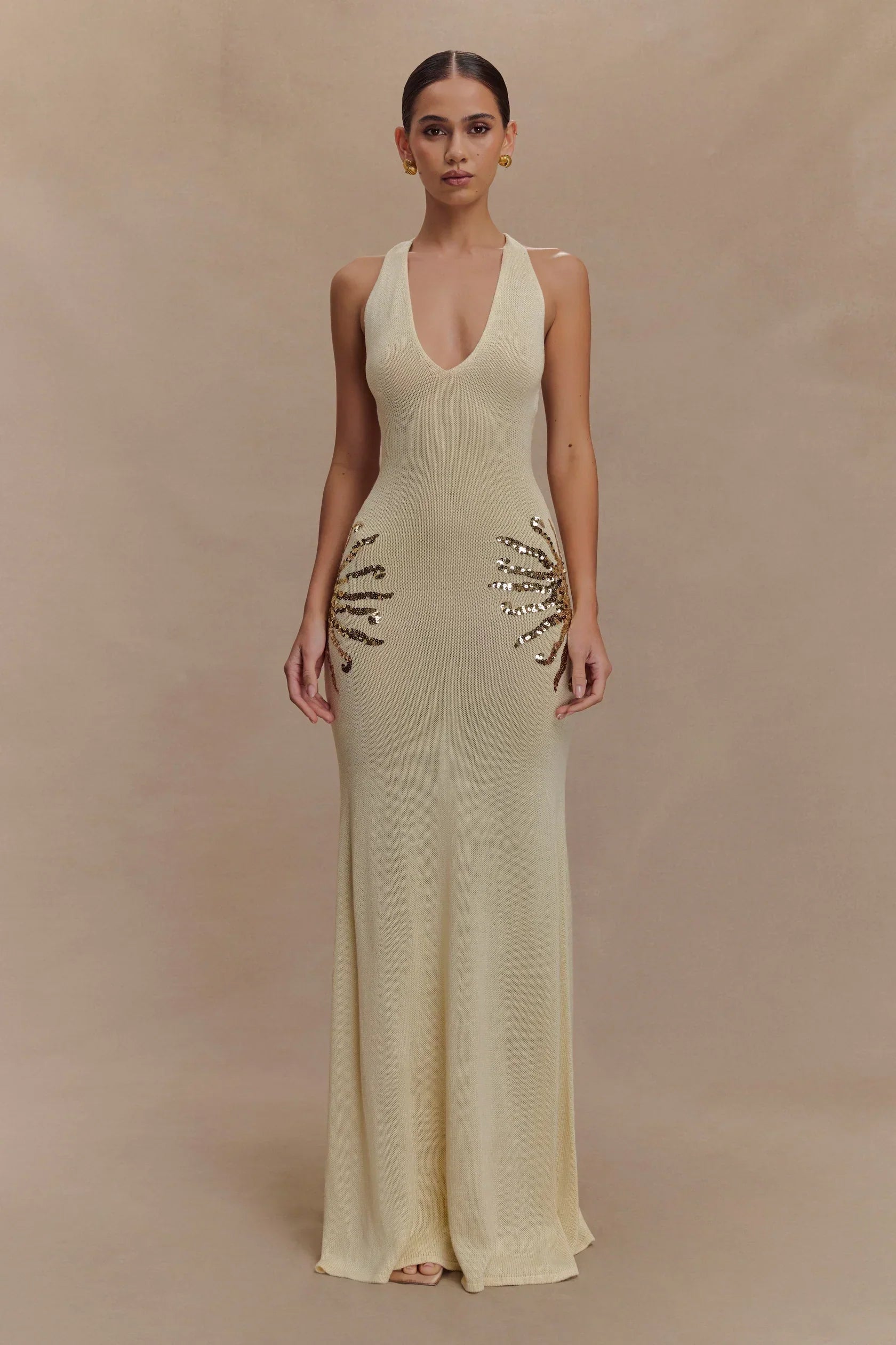 Corinne | Plunging Open-Back Sequin Sunburst Maxi Dress