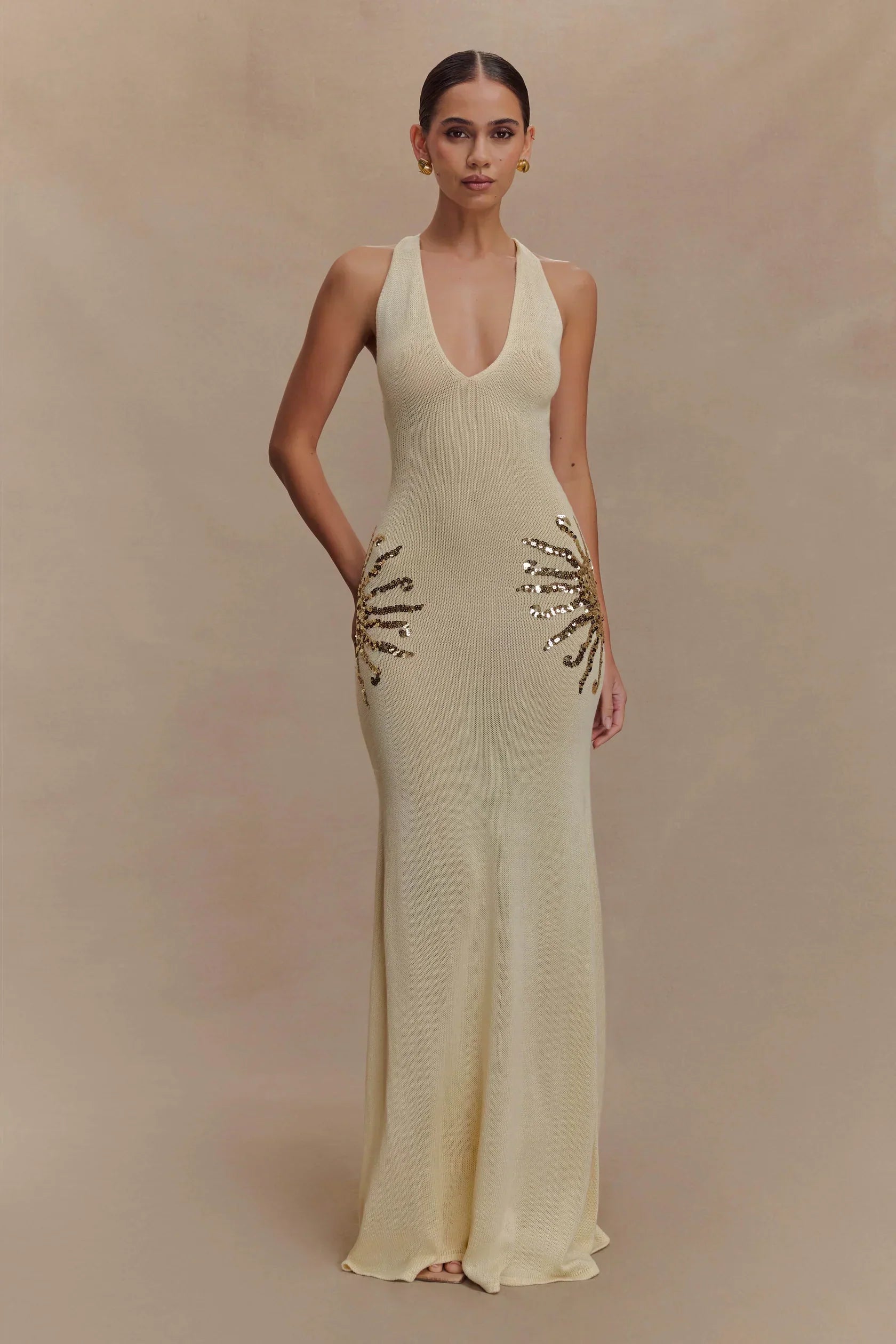 Corinne | Plunging Open-Back Sequin Sunburst Maxi Dress