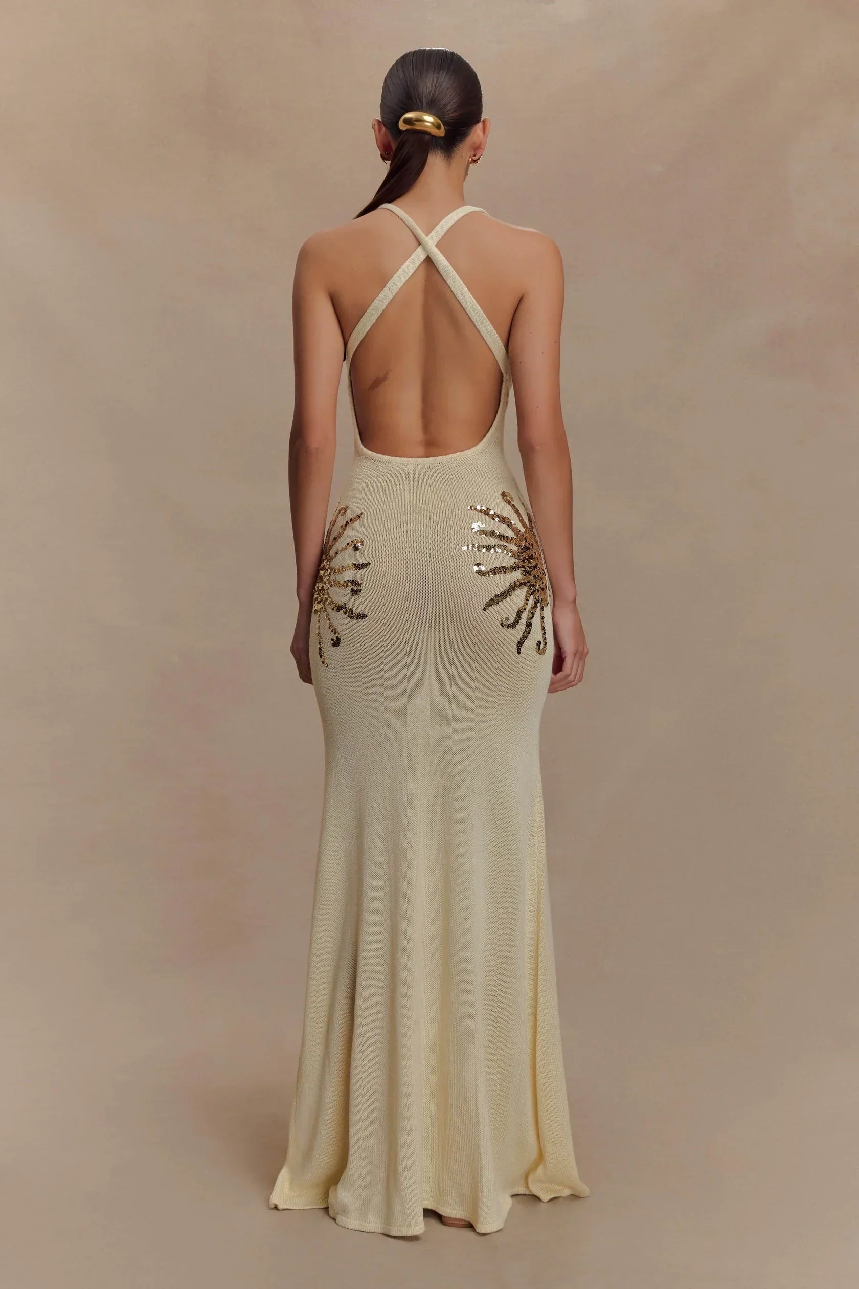 Corinne | Plunging Open-Back Sequin Sunburst Maxi Dress