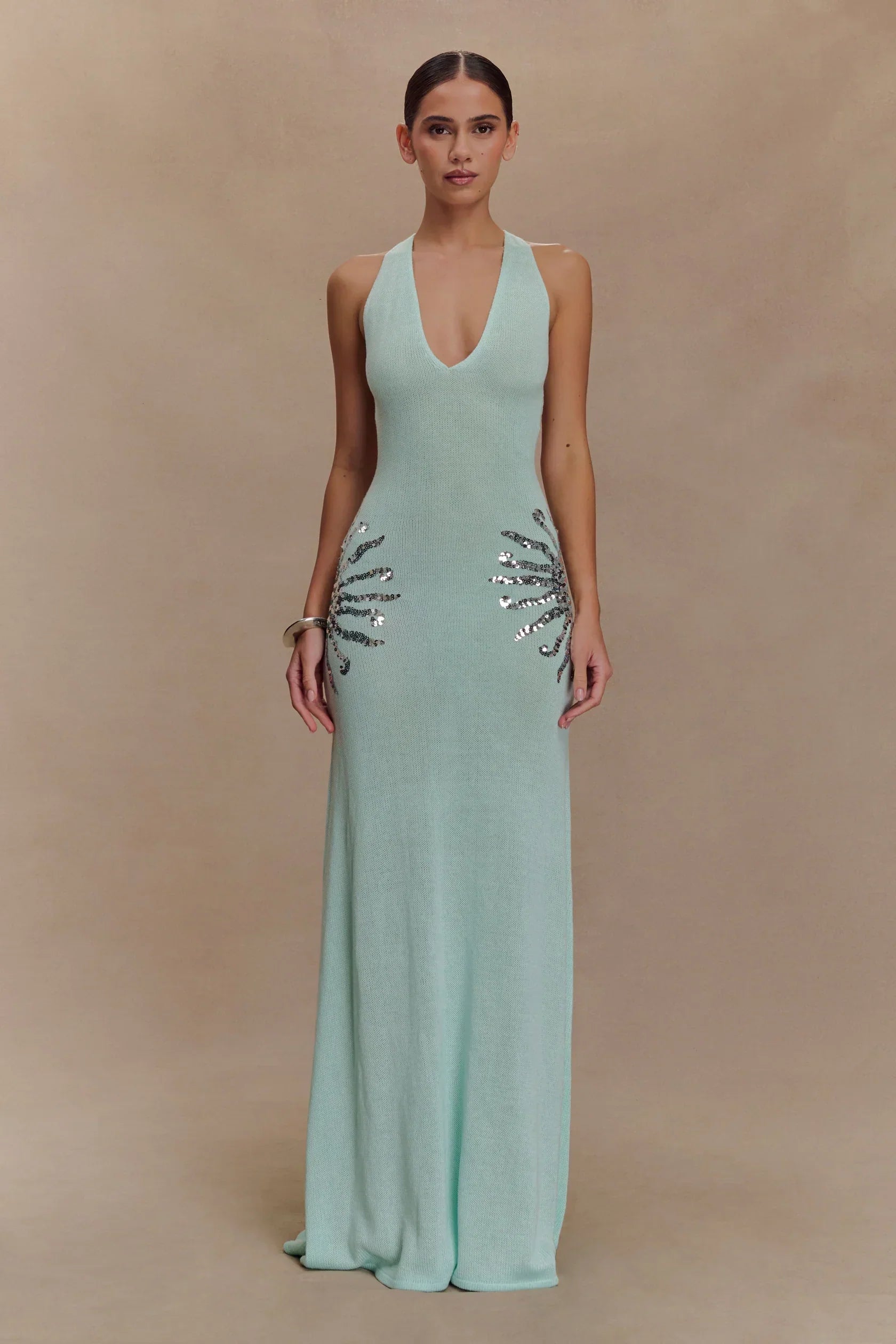 Corinne | Plunging Open-Back Sequin Sunburst Maxi Dress