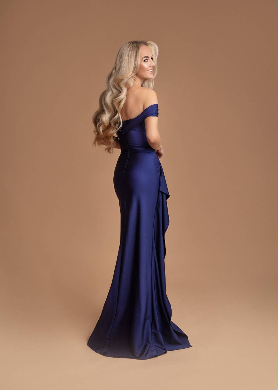 Vivienne off-shoulder satin maxi dress in navy