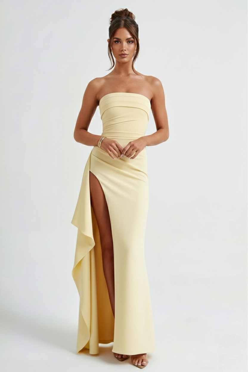 Meadow | Strapless Ruched Crepe Thigh-High Split Maxi Dress