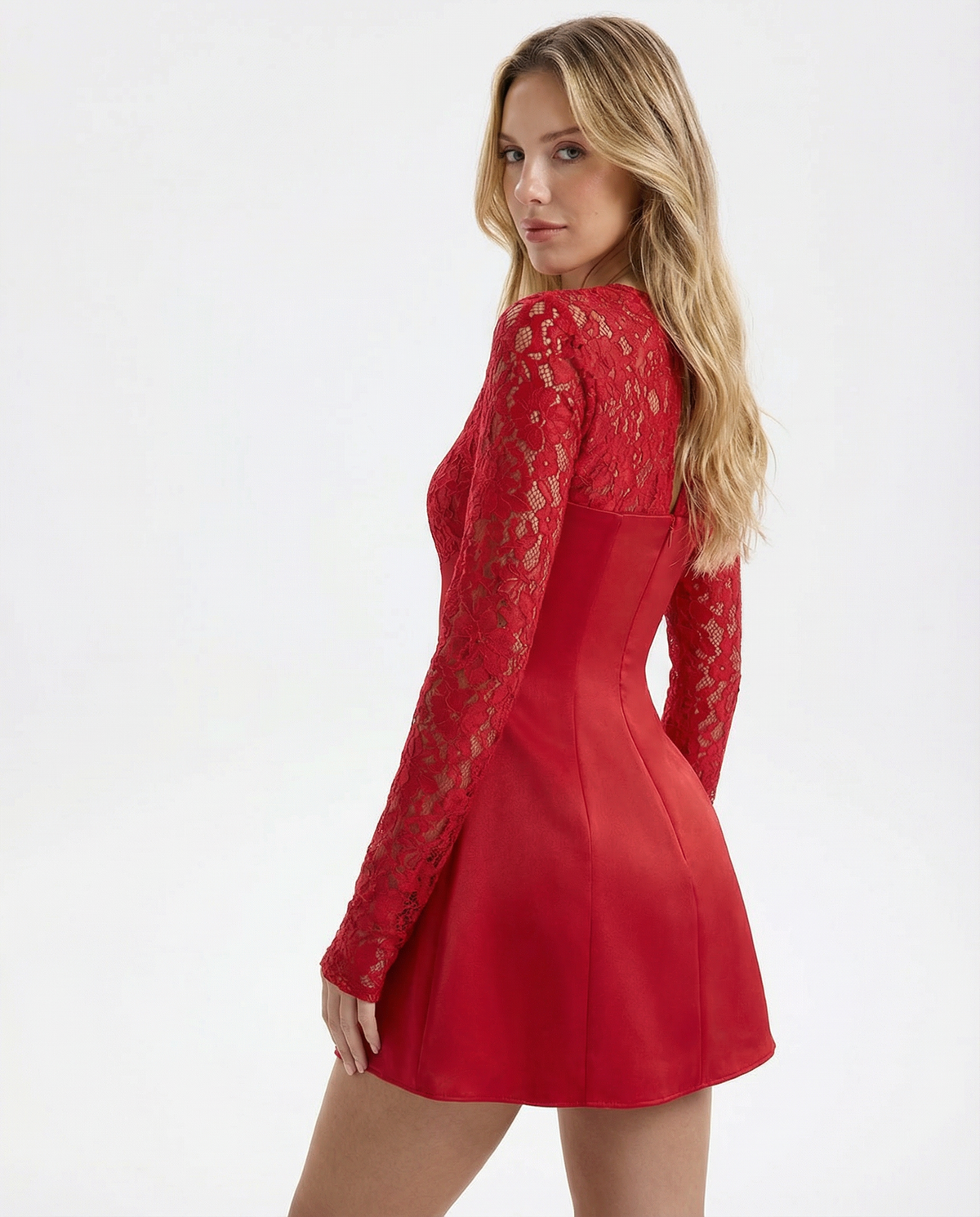 Samantha | Long Sleeve Bustier Red Lace Mini Dress