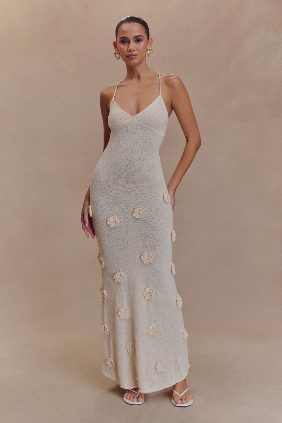 Trice | Lace-Up Open Back V-Neck 3D Floral Knit Maxi Dress