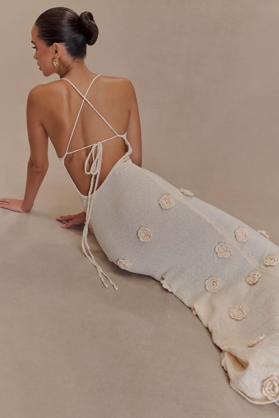 Trice | Lace-Up Open Back V-Neck 3D Floral Knit Maxi Dress