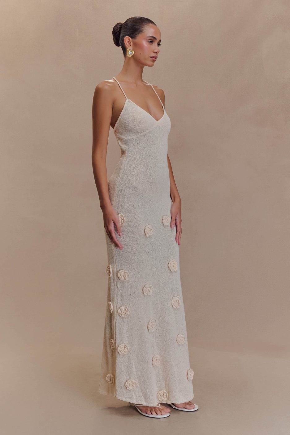 Trice | Lace-Up Open Back V-Neck 3D Floral Knit Maxi Dress