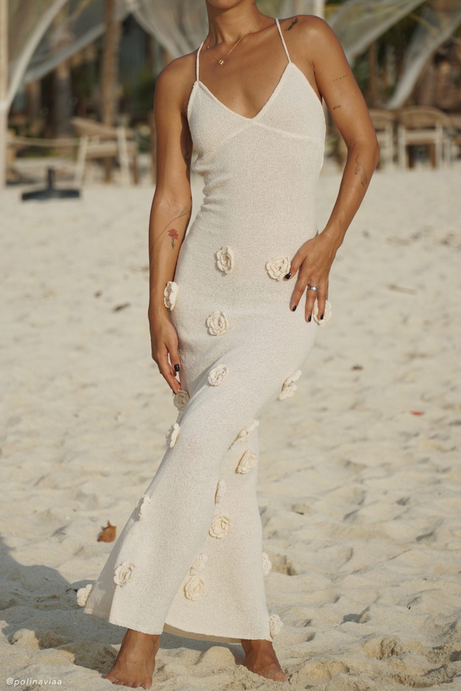Trice | Lace-Up Open Back V-Neck 3D Floral Knit Maxi Dress
