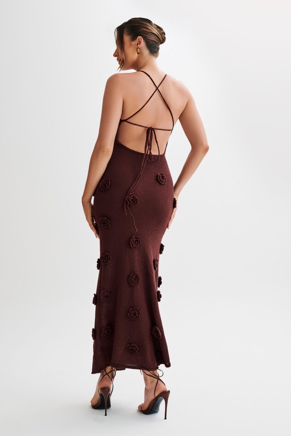 Trice | Lace-Up Open Back V-Neck 3D Floral Knit Maxi Dress