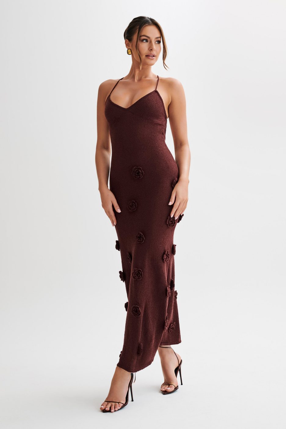 Trice | Lace-Up Open Back V-Neck 3D Floral Knit Maxi Dress