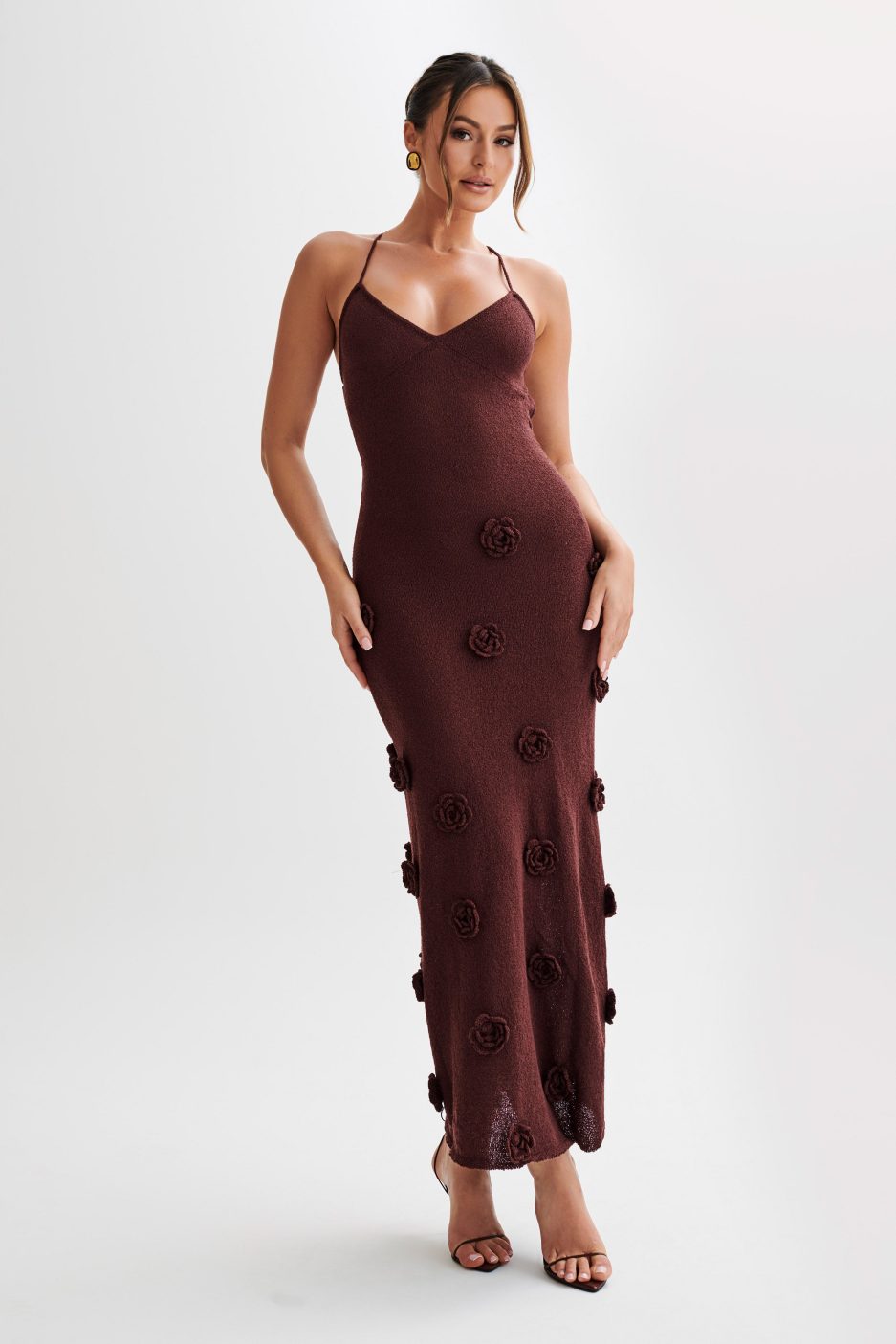 Trice | Lace-Up Open Back V-Neck 3D Floral Knit Maxi Dress