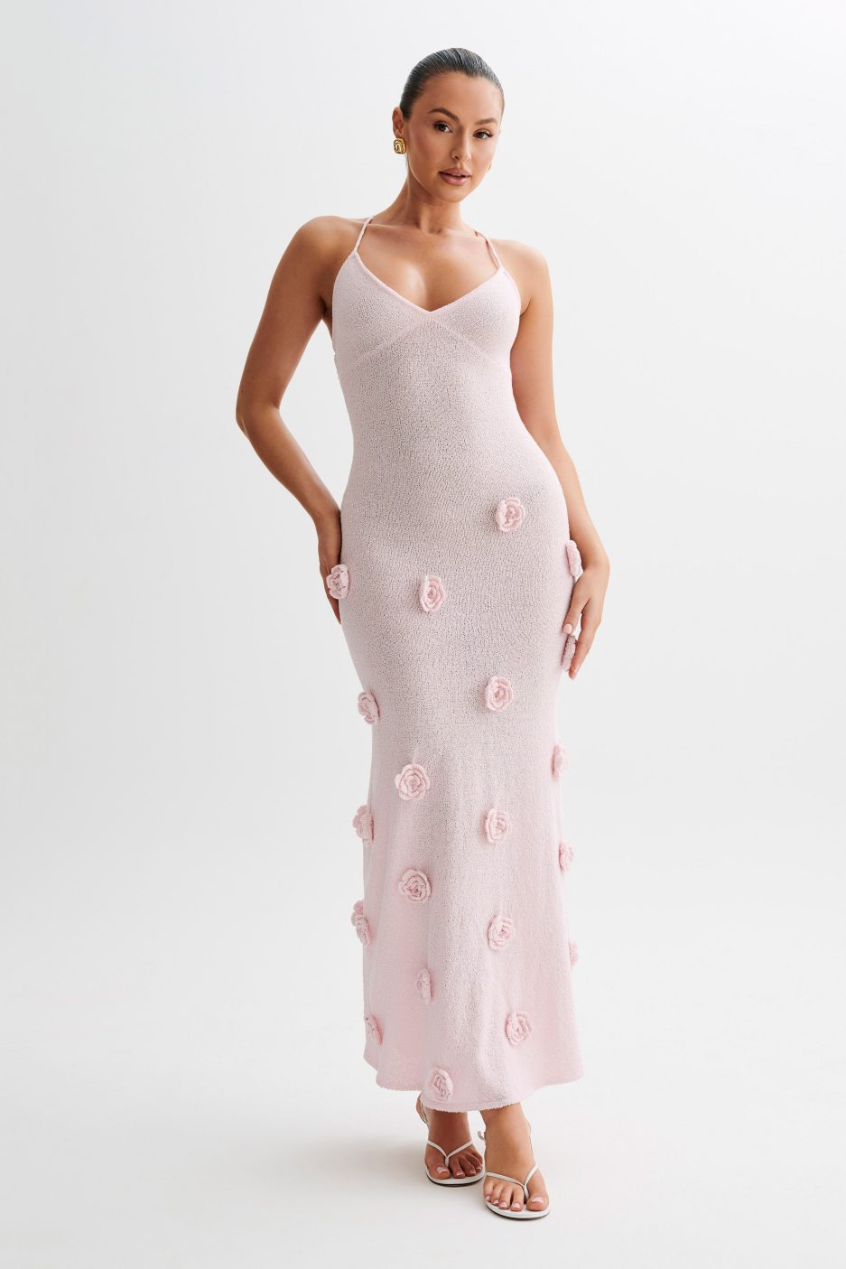 Trice | Lace-Up Open Back V-Neck 3D Floral Knit Maxi Dress