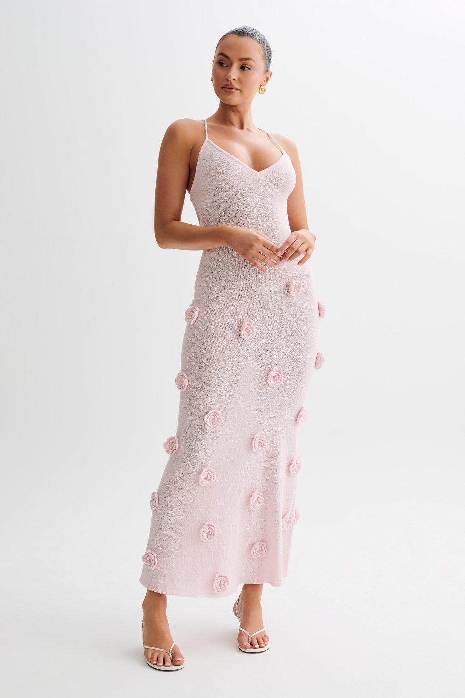 Trice | Lace-Up Open Back V-Neck 3D Floral Knit Maxi Dress