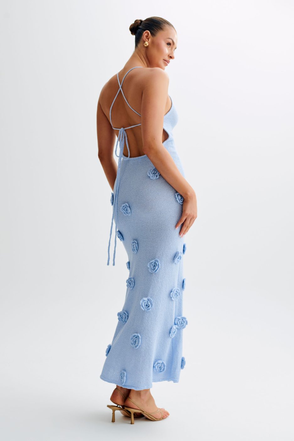 Trice | Lace-Up Open Back V-Neck 3D Floral Knit Maxi Dress