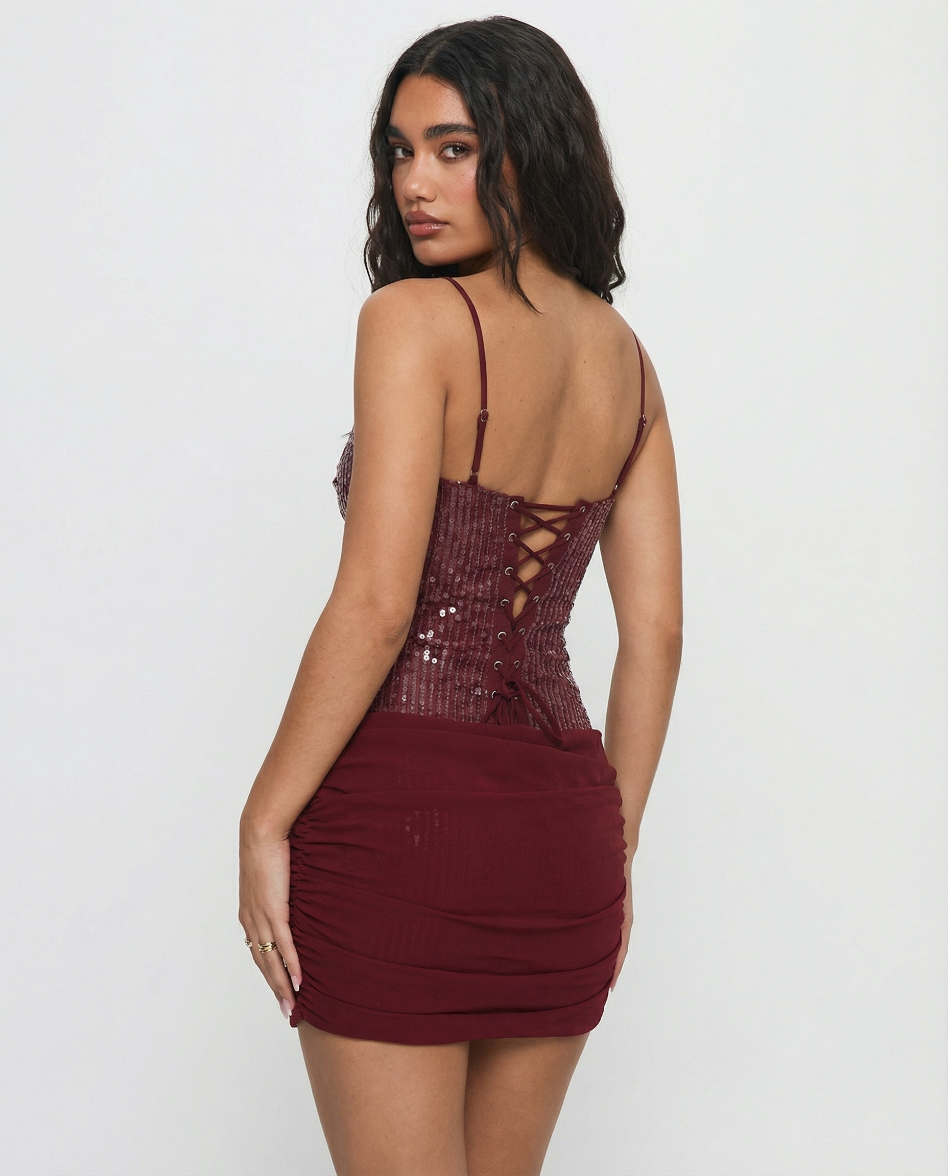 Ayana | Draped Skirt Sequin Bodice Lace-Up Mini Dress