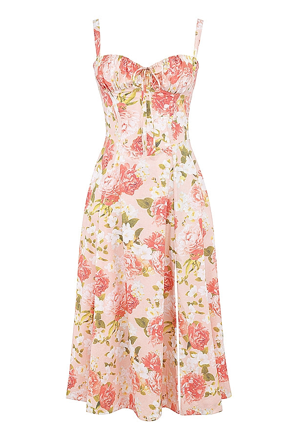Carmen | Pink Peony Lace Up Back Floral Side Split Midi Dress
