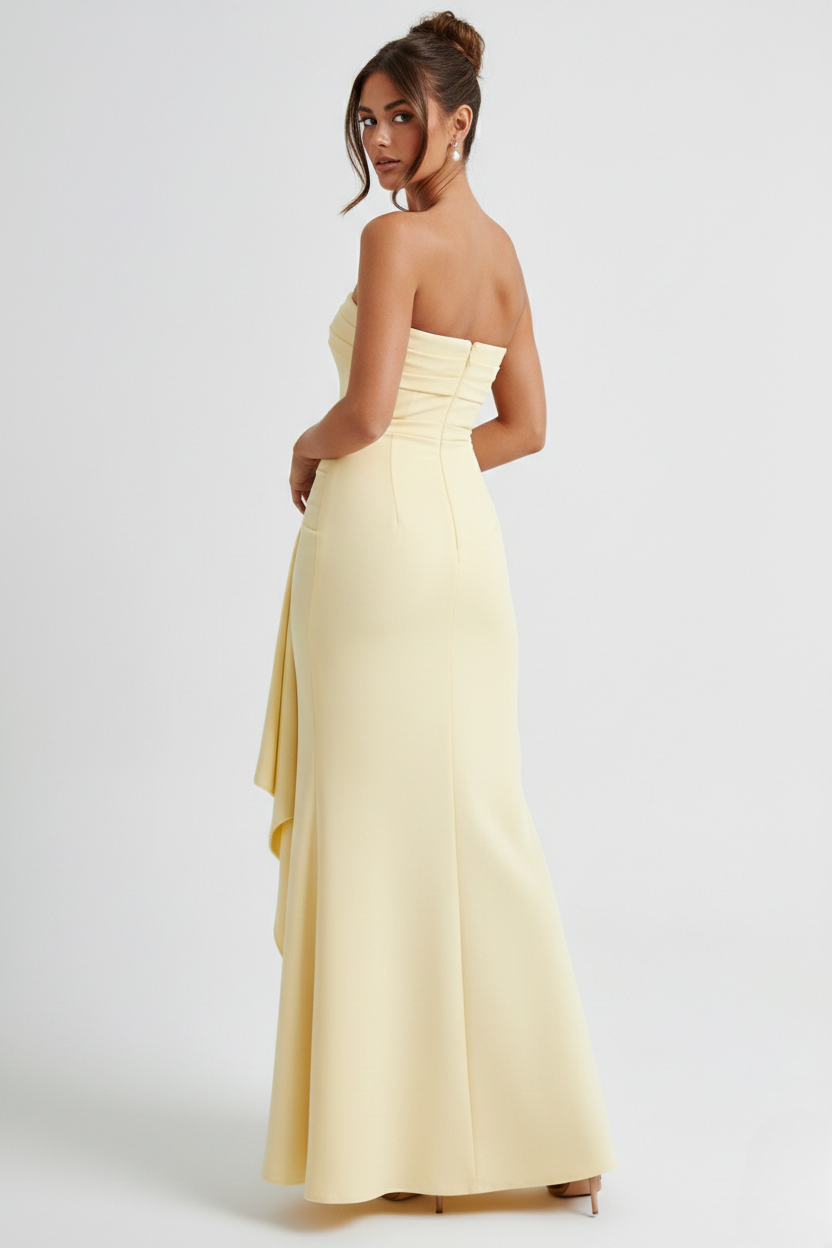 Meadow | Strapless Ruched Crepe Thigh-High Split Maxi Dress
