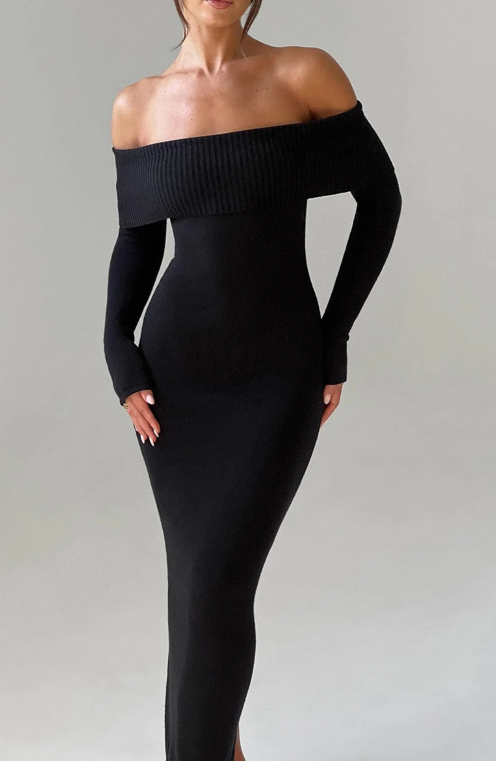Angel | Off-Shoulder Black Maxi Dress – Premium Sculpting Knitted Gown