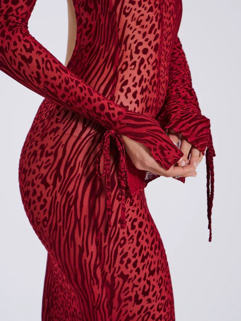Lariza | Animal Print Semi-Sheer Sculpted Print Mesh Maxi