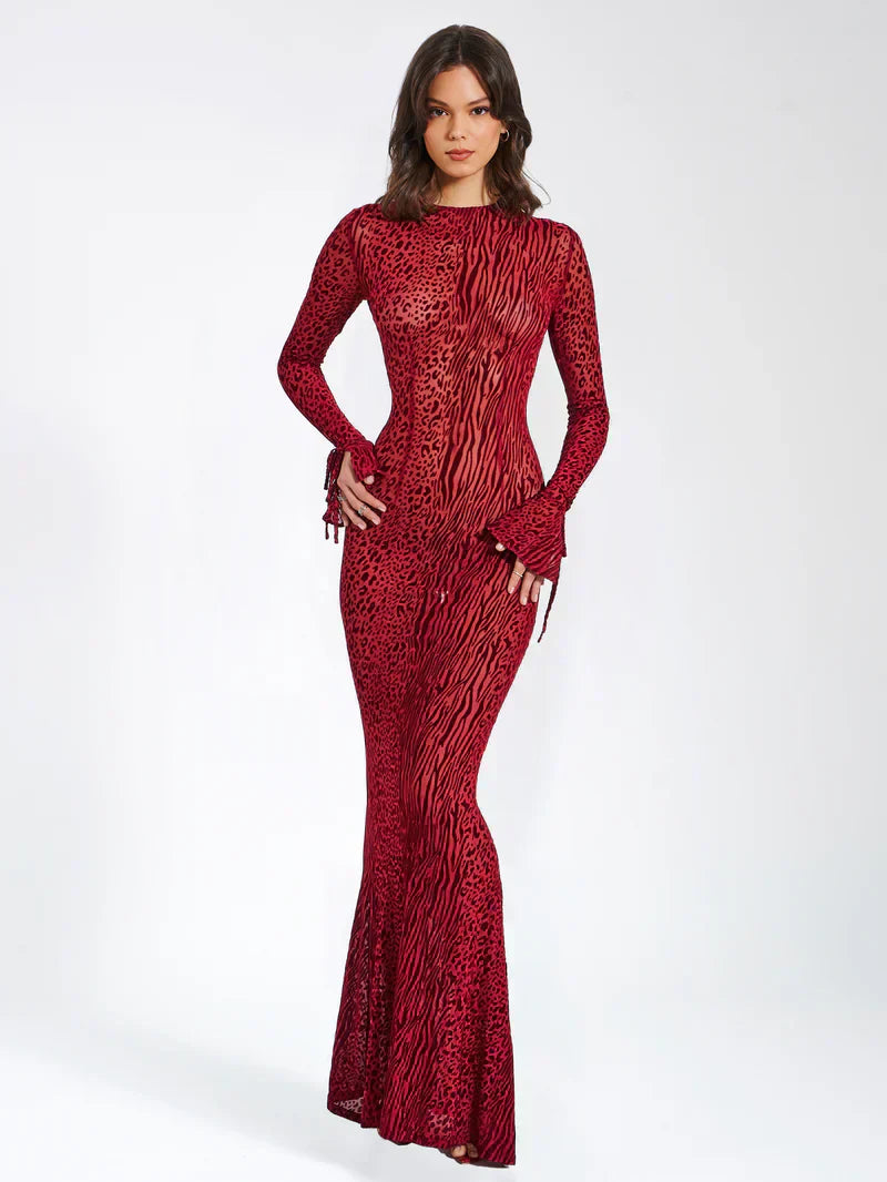 Lariza | Animal Print Semi-Sheer Sculpted Print Mesh Maxi
