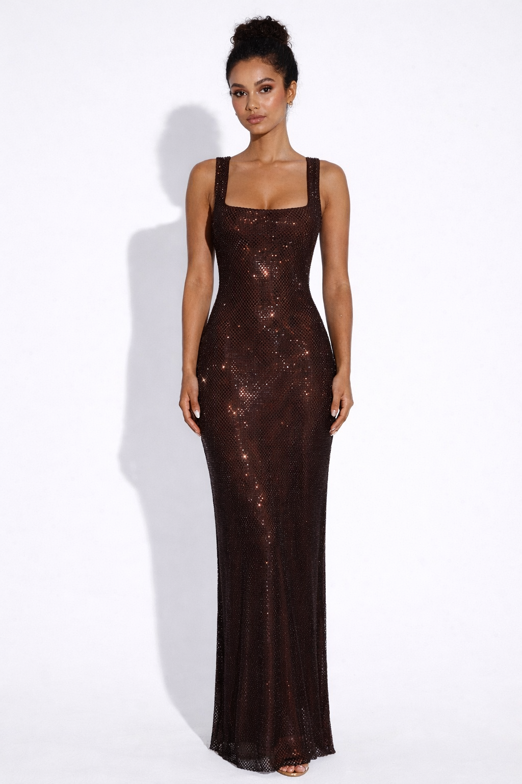 Elara | Sculpted Square Neck Crystal Mesh Maxi Dress