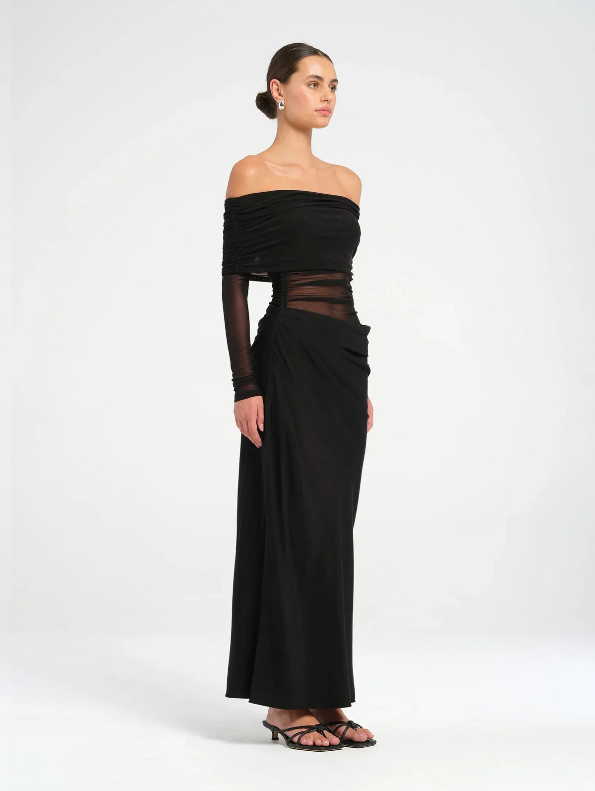 Alice | Sheer Mesh Bodice Off-Shoulder Cowl Maxi Dress