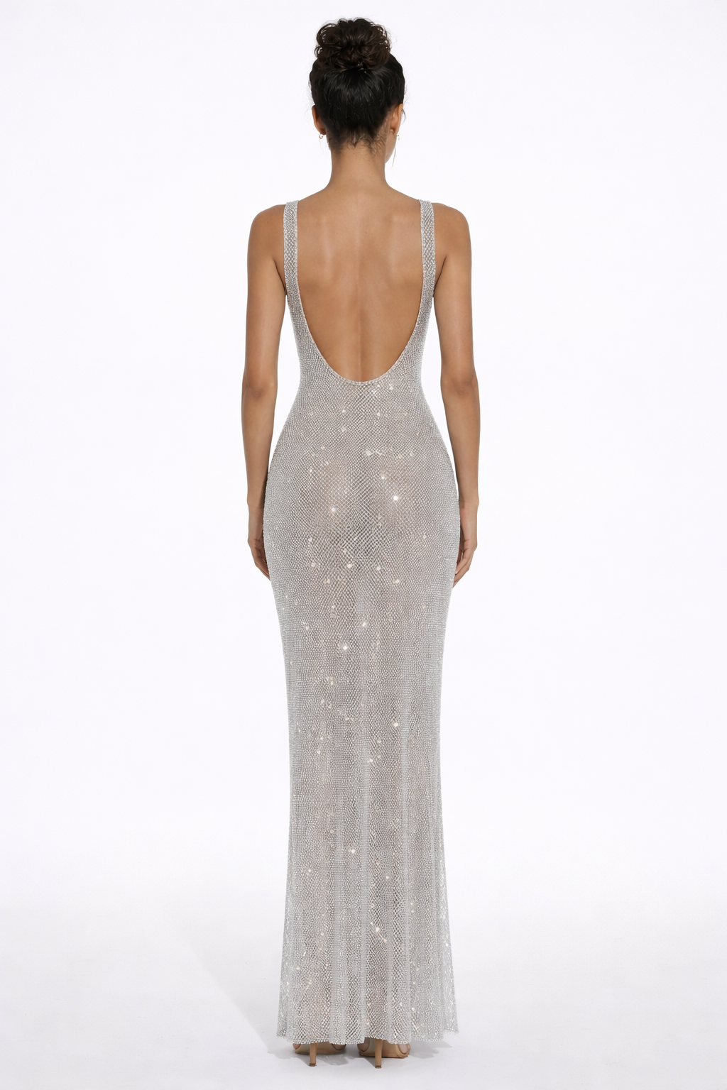 Elara | Sculpted Square Neck Crystal Mesh Maxi Dress