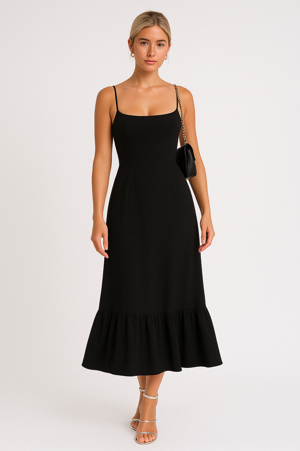 Ivy | Square Neck Flared Midi Dress with Ruffled Hem