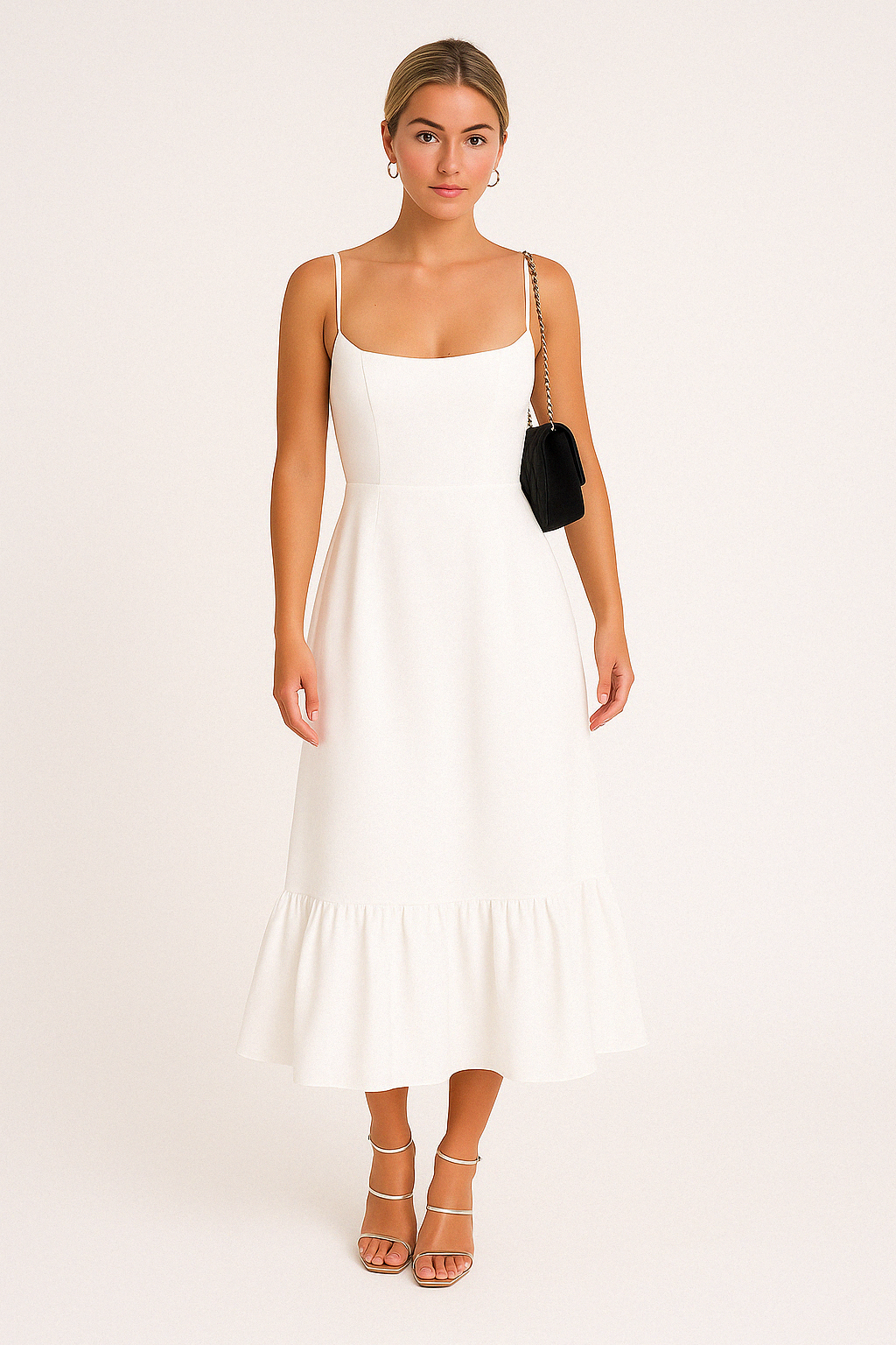 Ivy | Square Neck Flared Midi Dress with Ruffled Hem