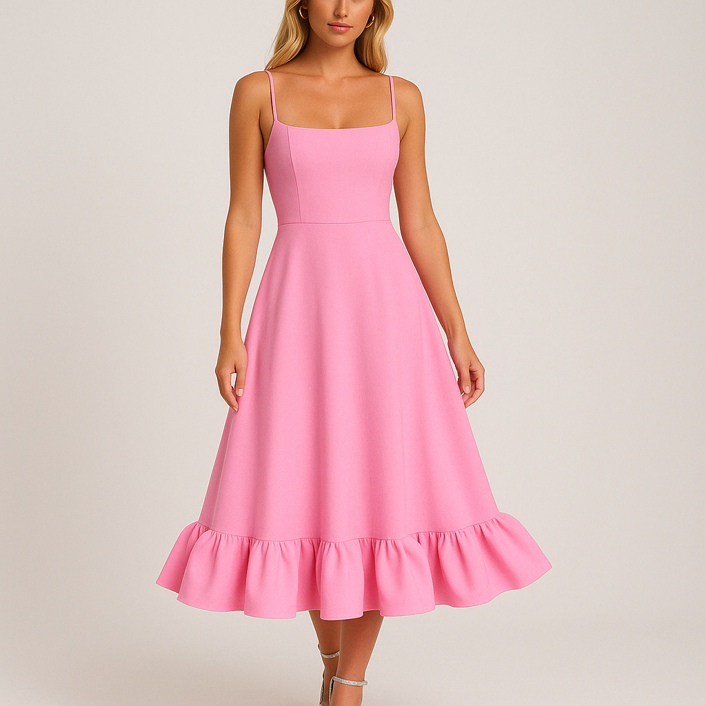Ivy | Square Neck Flared Midi Dress with Ruffled Hem