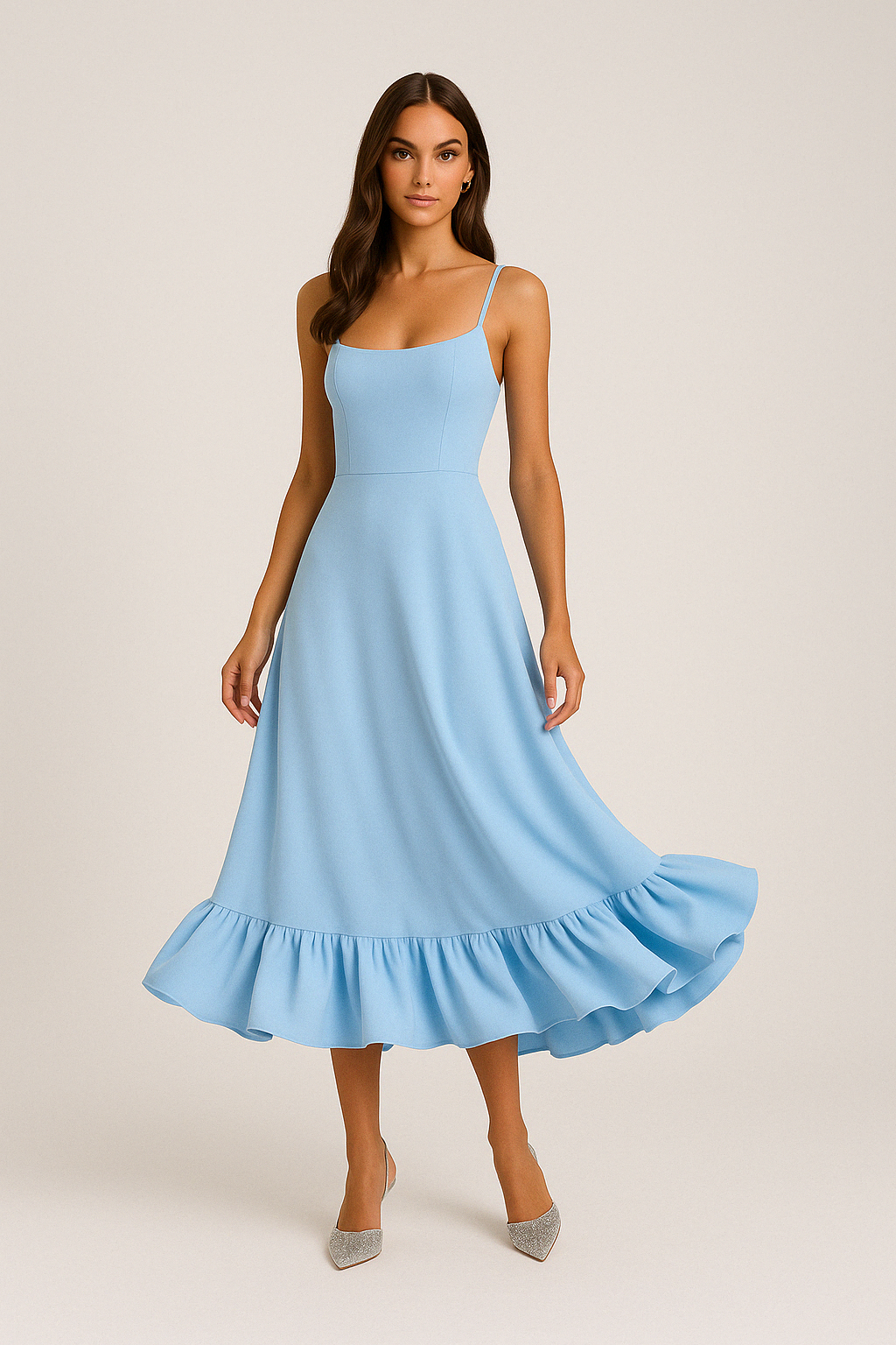 Ivy | Square Neck Flared Midi Dress with Ruffled Hem