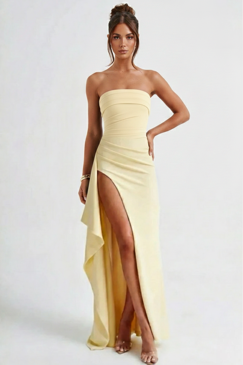 Meadow | Strapless Ruched Crepe Thigh-High Split Maxi Dress