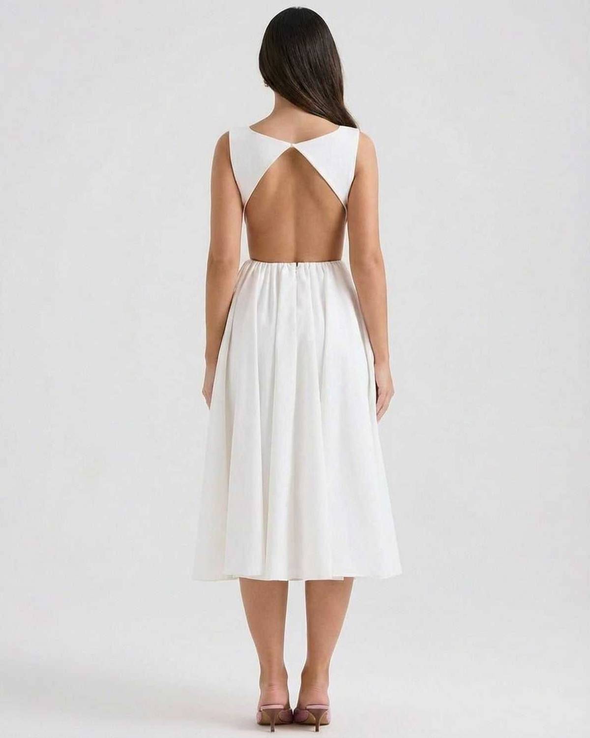Halle | White Open-Back A-Line Midi Dress Wedding & Summer Party Gown