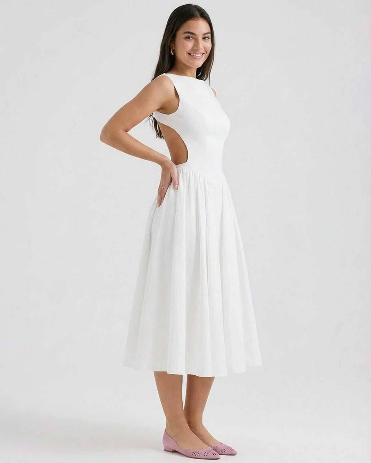 Halle | White Open-Back A-Line Midi Dress Wedding & Summer Party Gown